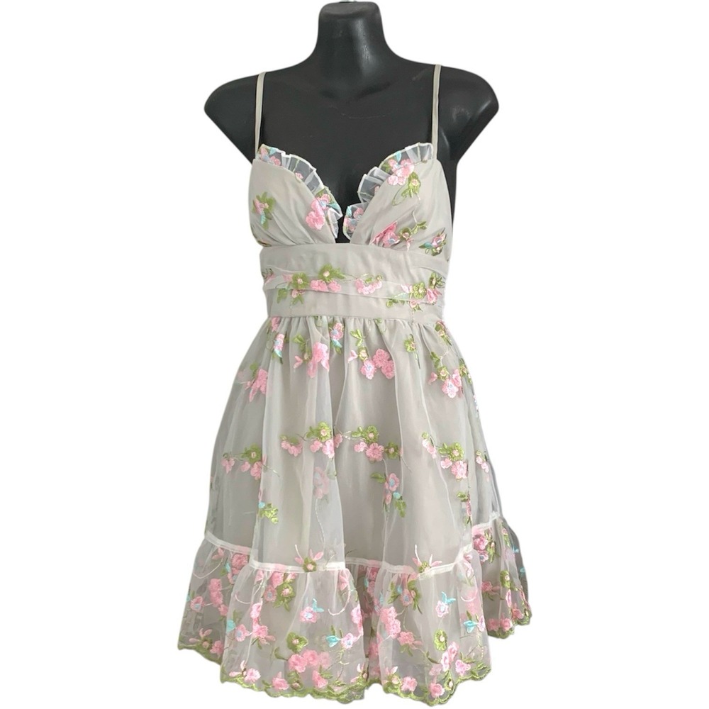 Womens Whimsy Fairy Tulle Babydoll Mini Dress XS/2 Sage Floral Embroidered Party